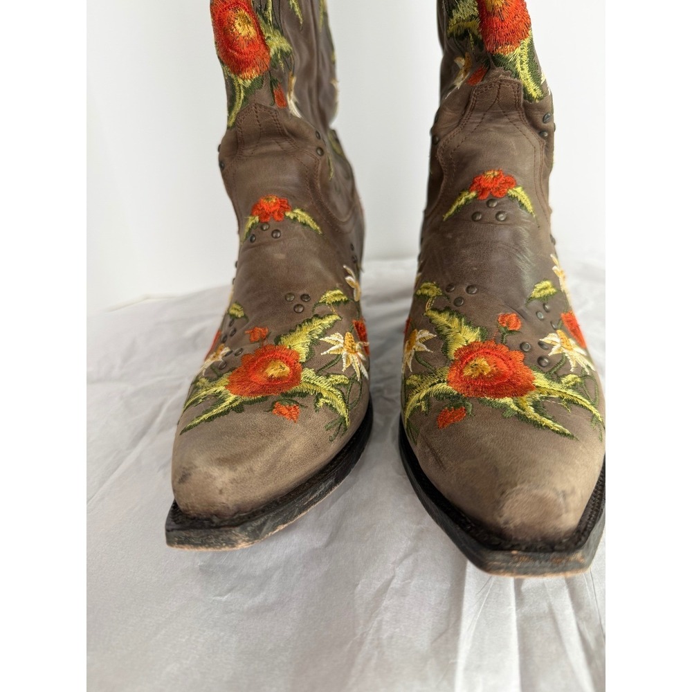 Lane Boots Western Embroidered Floral Wild Stitch Brown Leather Cowgirl 11 FLAWS - Picture 8 of 16